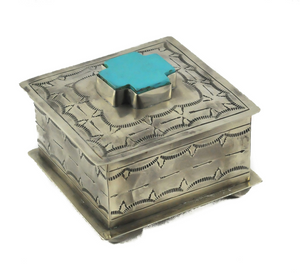 Box, Stamped Square Rustic Silver Box with Turquoise Cross