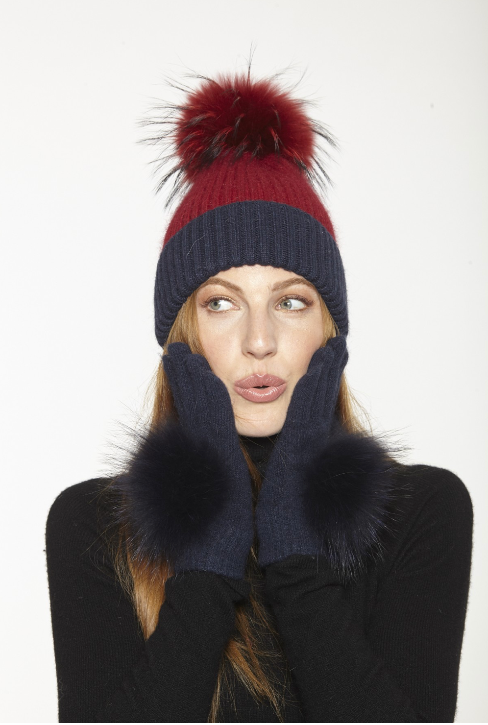 Hat, Wool Ribbed Knit Hat with Genuine Fur Pom Pom, Multiple