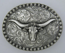 Buckle, Longhorn with Berry Edge, Hand Engraved Sterling Silver TB-D01