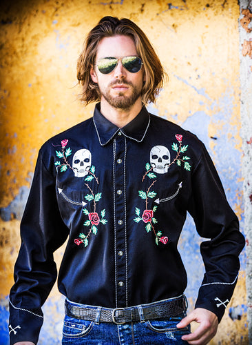 Man-Wearing-Embroidered-Skulls-and-Roses-Shirt-by-Scully-P771