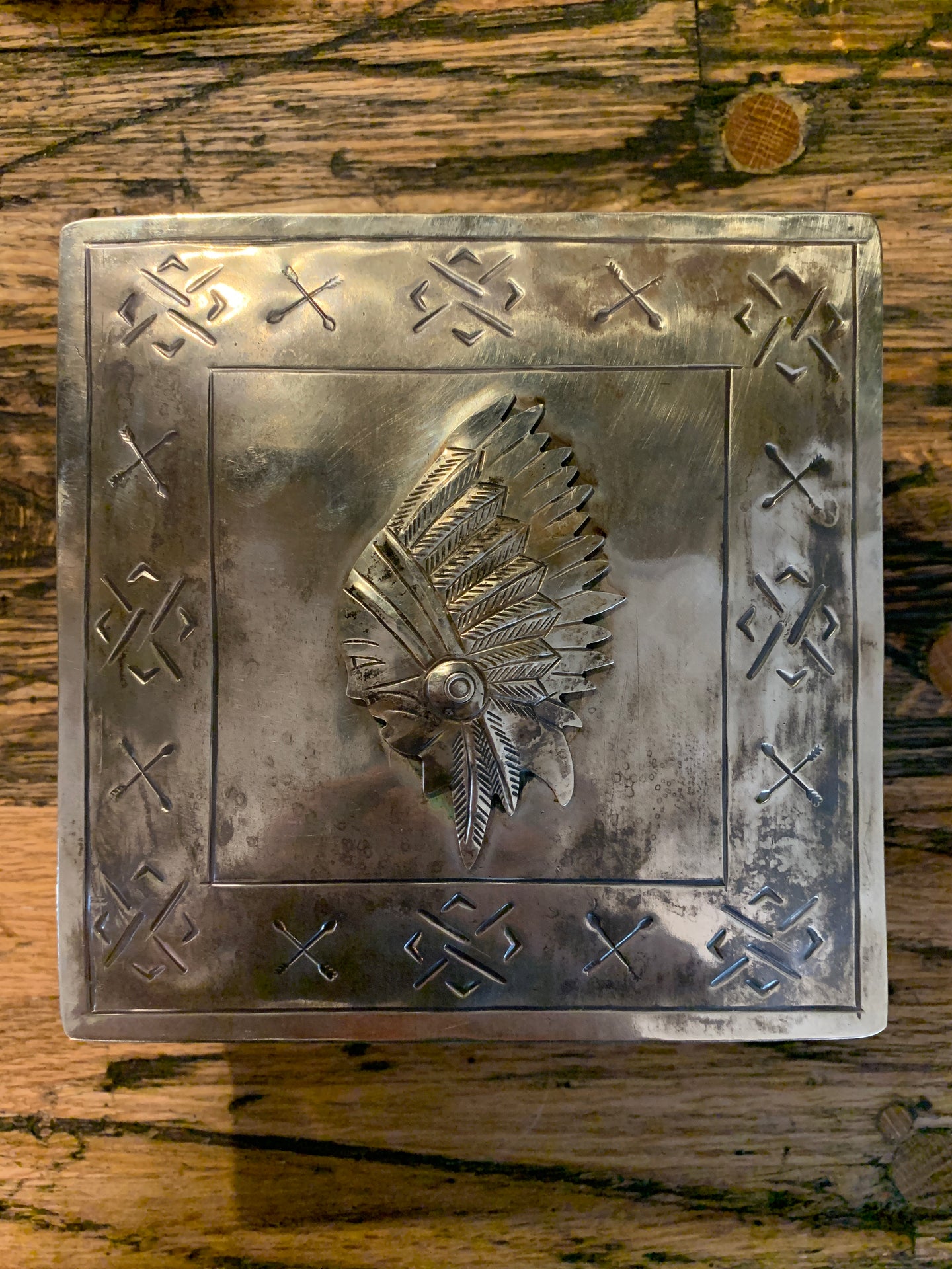 Box, Stamped Square Rustic Silver Box with Chief Icon