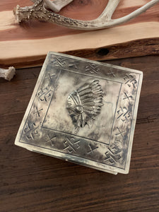 Box, Stamped Square Rustic Silver Box with Chief Icon