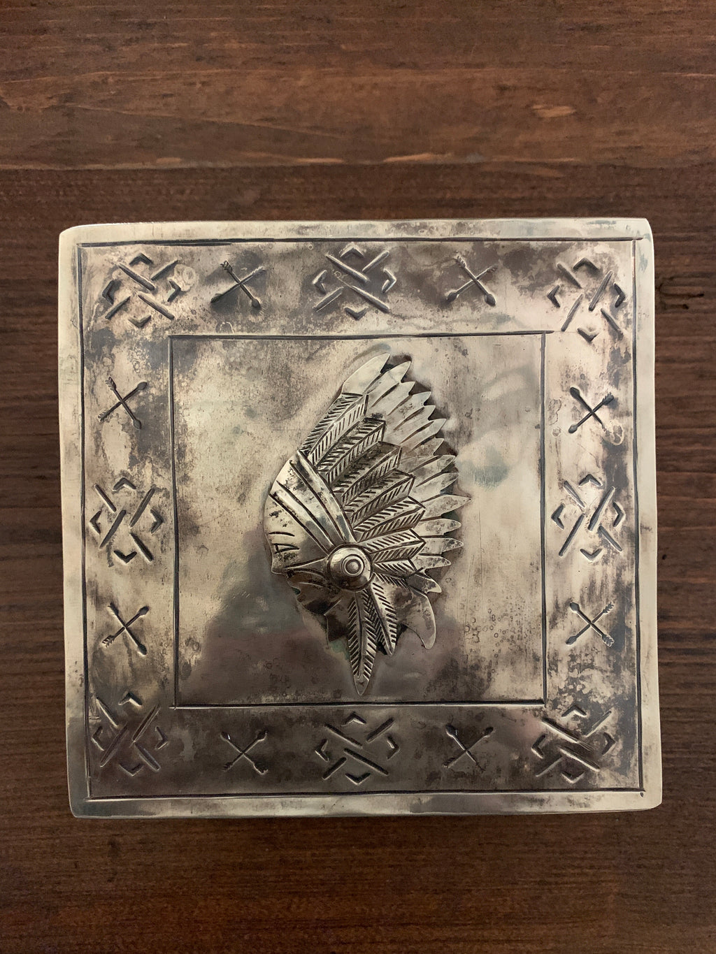 Box, Stamped Square Rustic Silver Box with Chief Icon