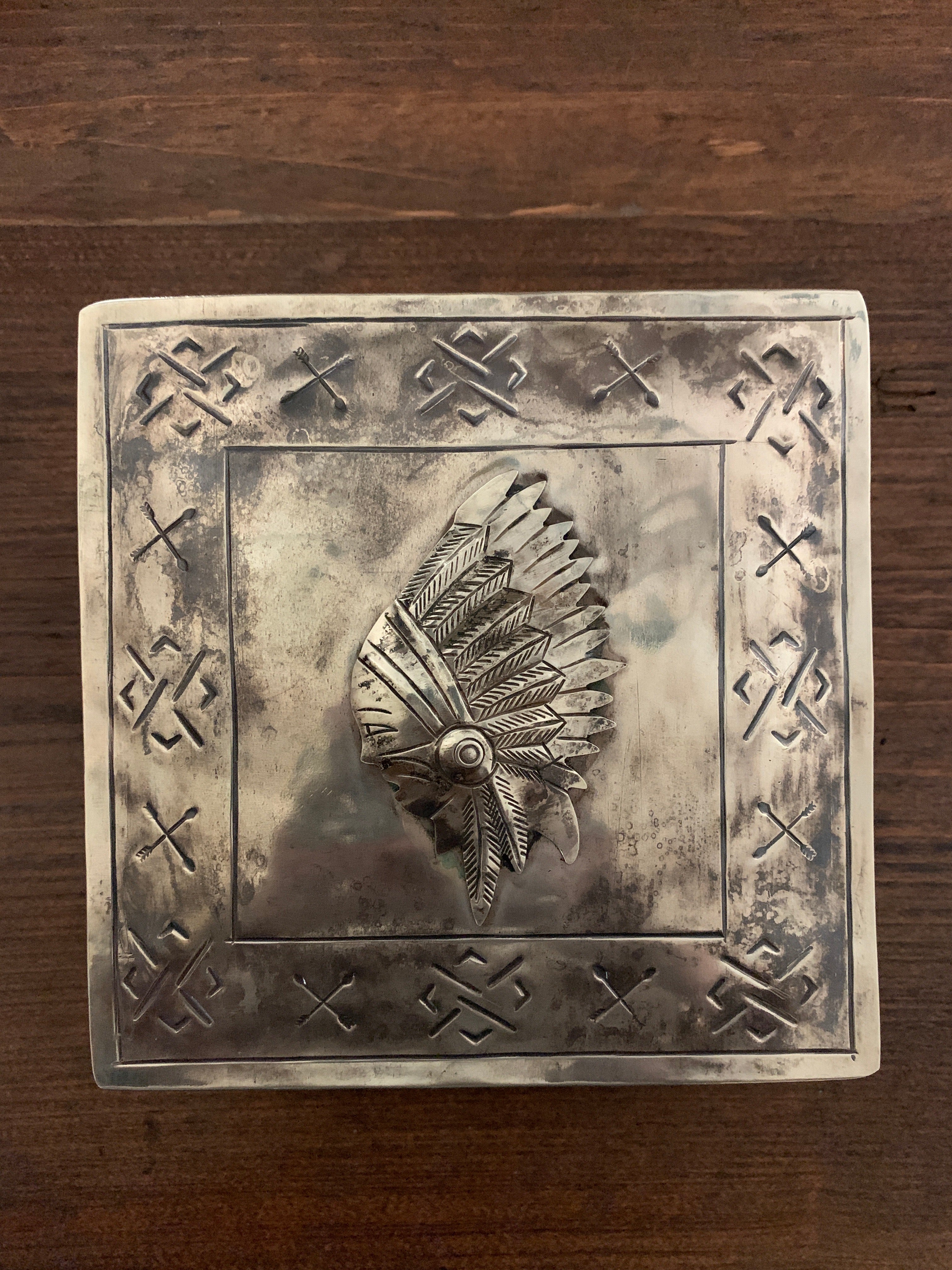 Box, Stamped Square Rustic Silver Box with Chief Icon