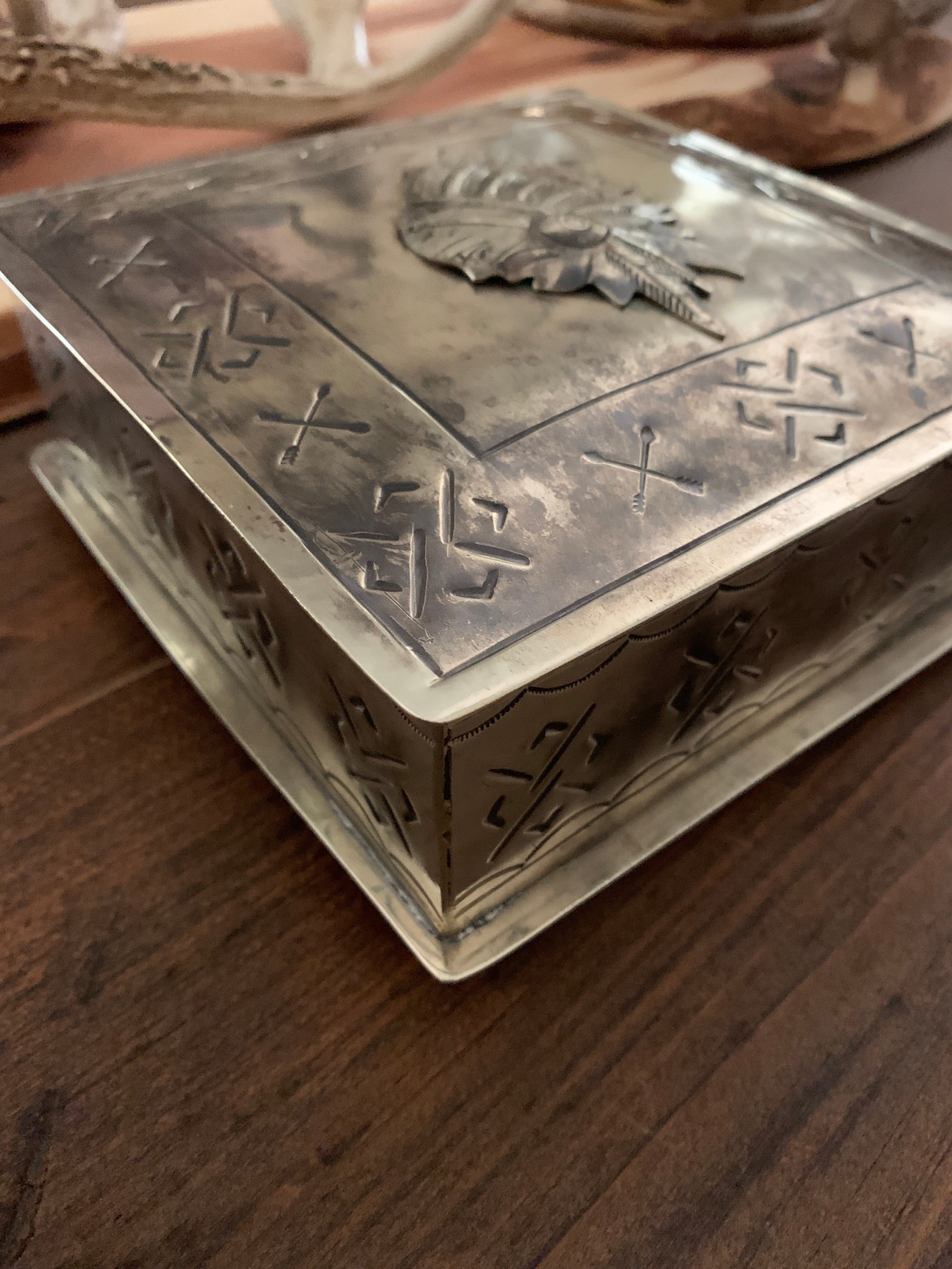 Box, Stamped Square Rustic Silver Box with Chief Icon