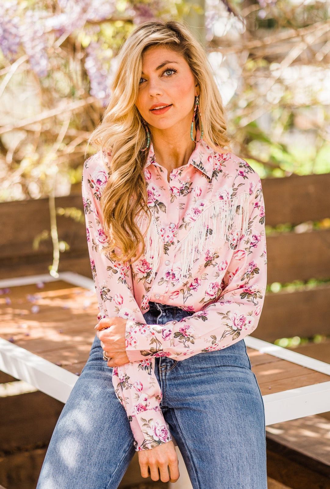 Blouse, Western Vintage Rose Print with Snaps and Fringe - Style HC827