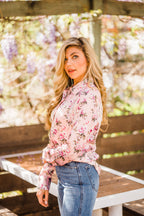 Blouse, Western Vintage Rose Print with Snaps and Fringe - Style HC827