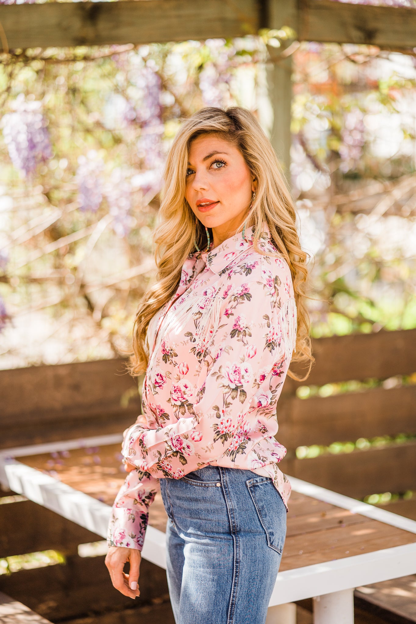 Blouse, Western Vintage Rose Print with Snaps and Fringe - Style HC827