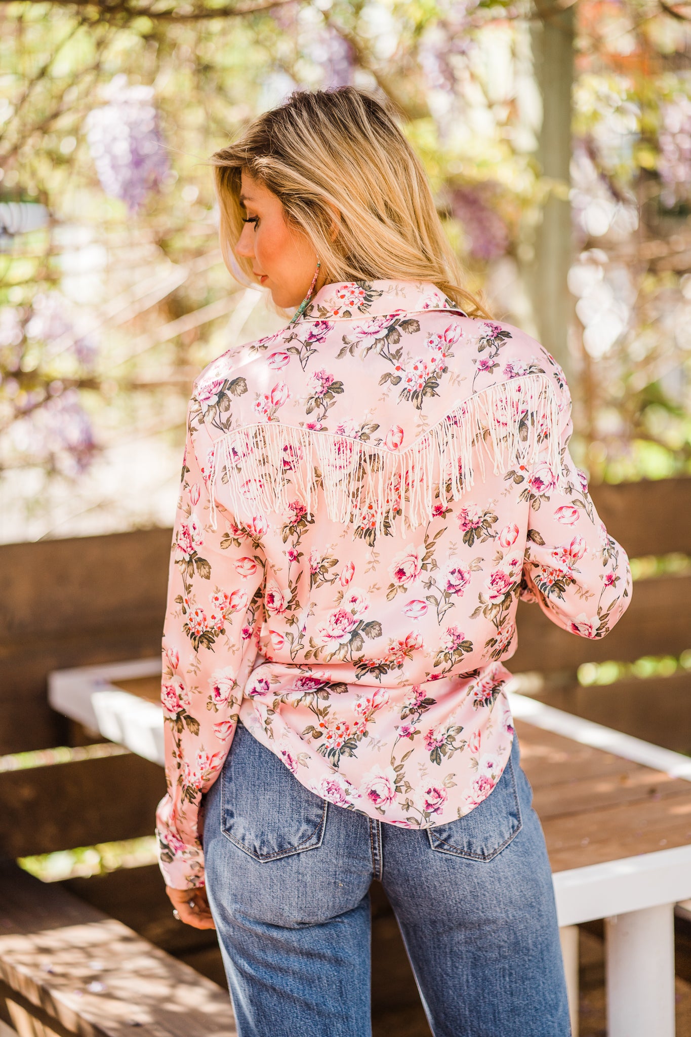 Blouse, Western Vintage Rose Print with Snaps and Fringe - Style HC827