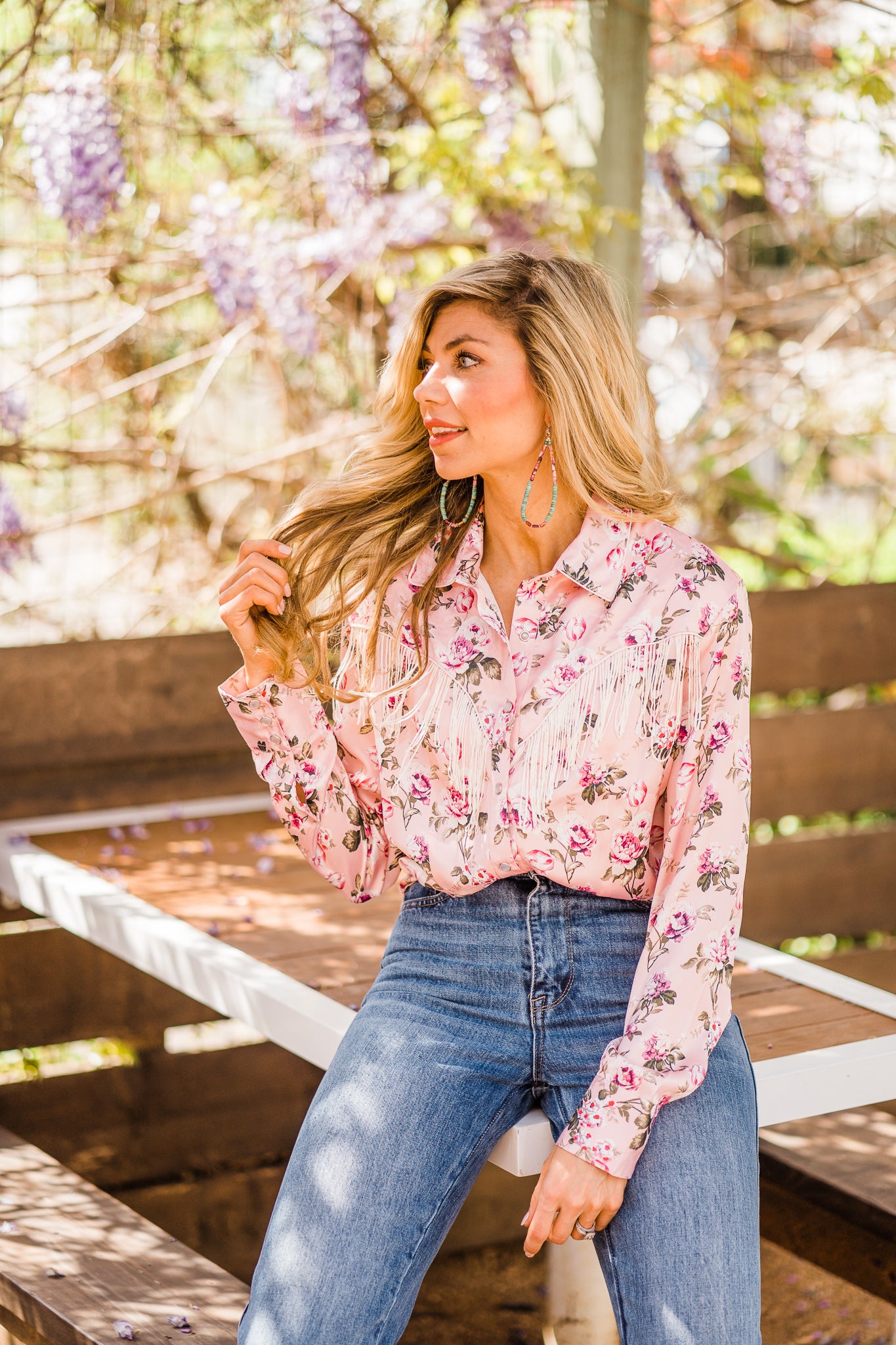 Blouse, Western Vintage Rose Print with Snaps and Fringe - Style HC827
