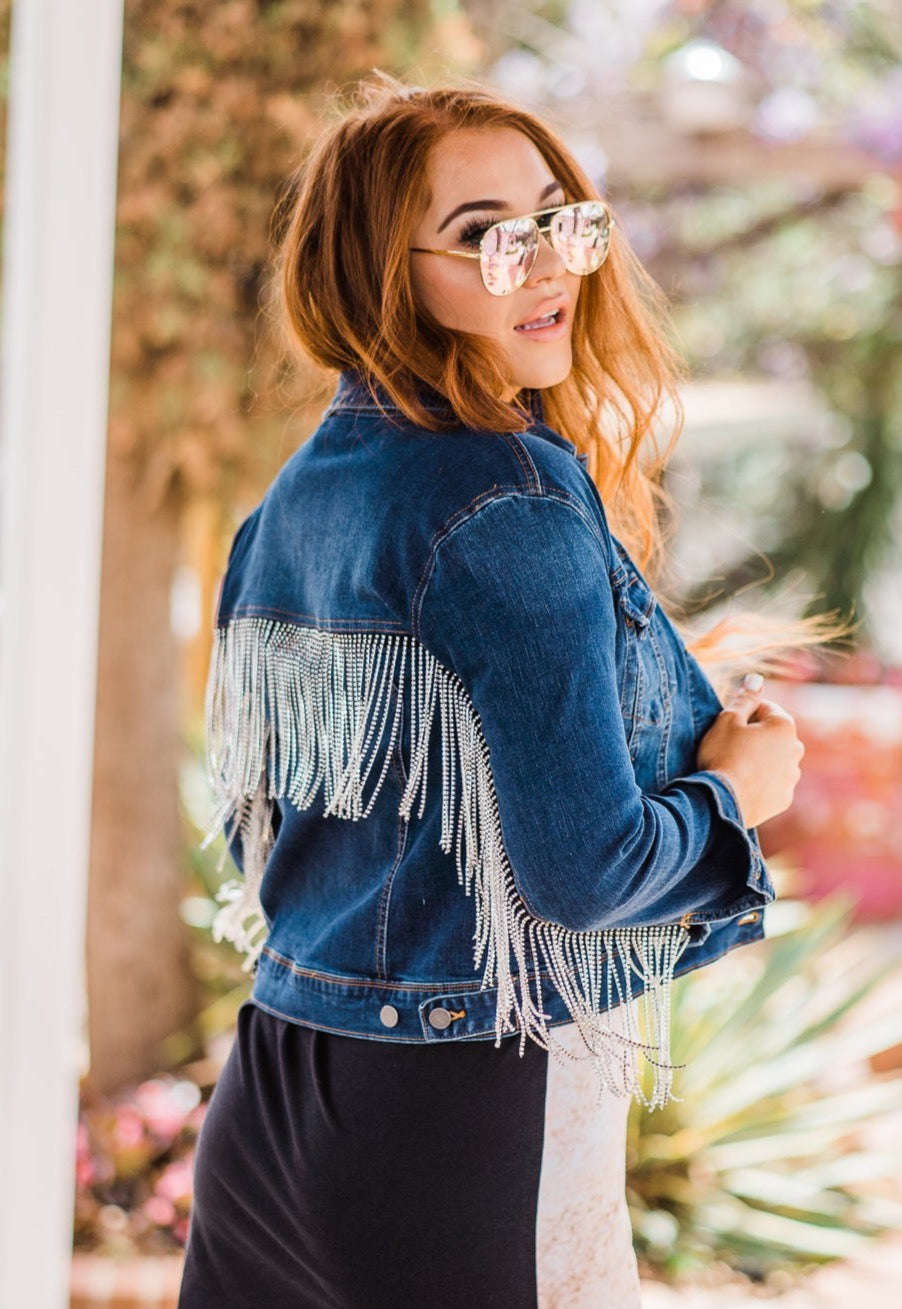 Denim Rhinestone Fringe Jacket XS Denim Rhinestone Fringe Jacket XS