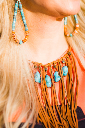 Earrings, Turquoise & Orange Spiny Oyster Heishi Loops, 352E
