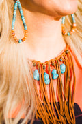 Collar Necklace with Rust Deerskin Fringe & Turquoise Stones - SALE!