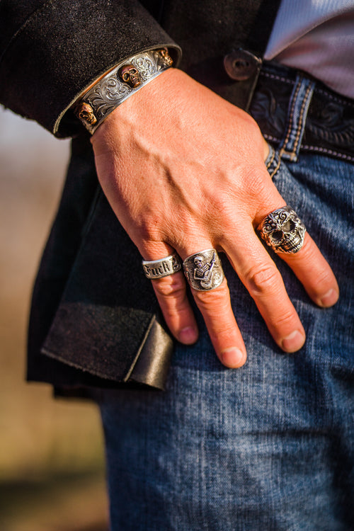 Copper Skulls Cuff — Hand Engraved in Sterling Silver