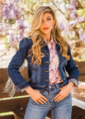 Western Cut Denim Jacket with Rhinestone Fringe