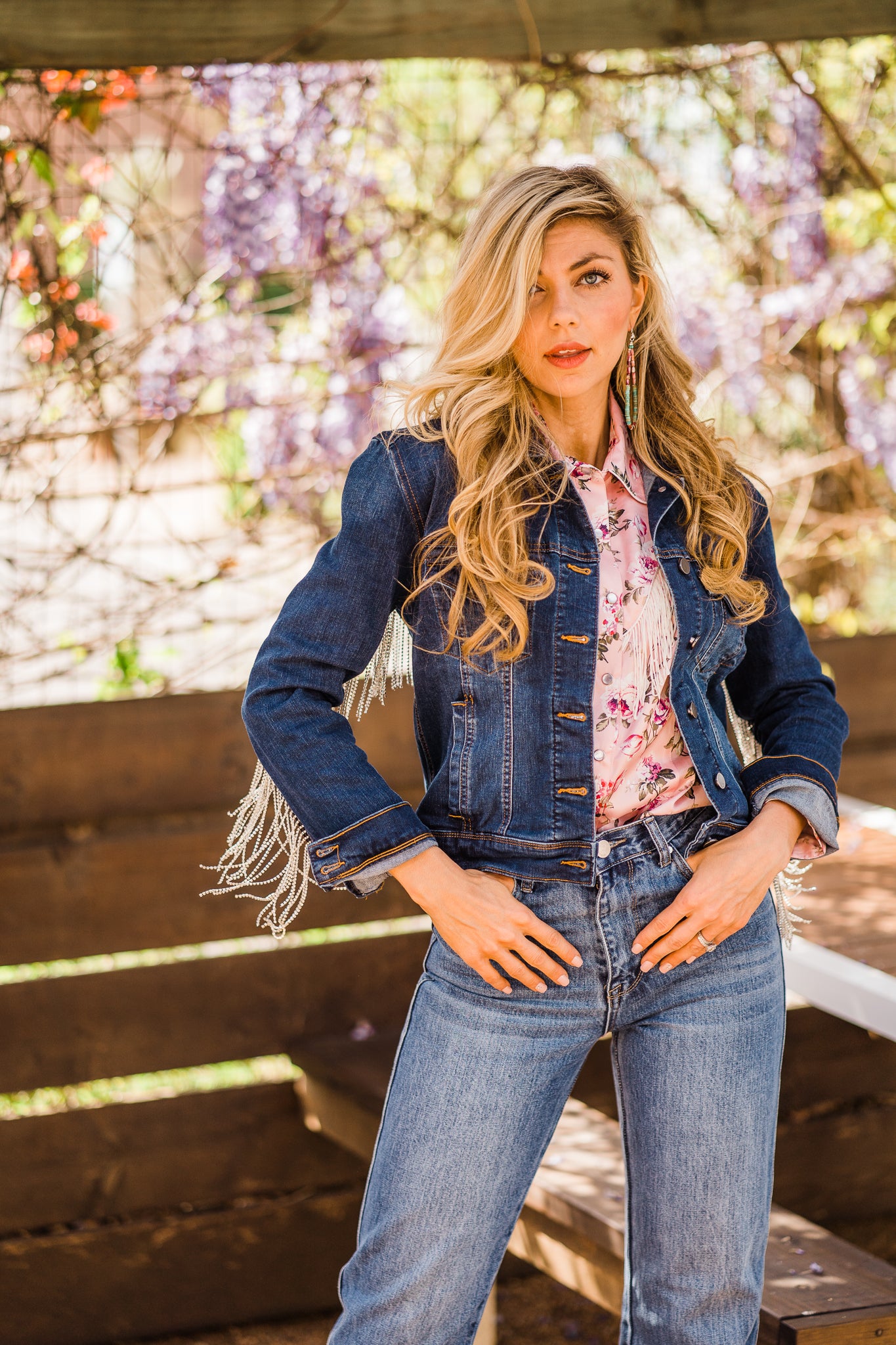 Blouse, Western Vintage Rose Print with Snaps and Fringe - Style HC827
