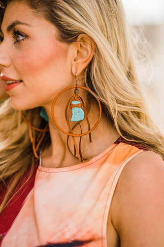 Earrings, Hoops with Rust Leather & Turquoise Stones