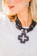 Lava Cross Pendant Necklace with Two Strands of Lava Beads