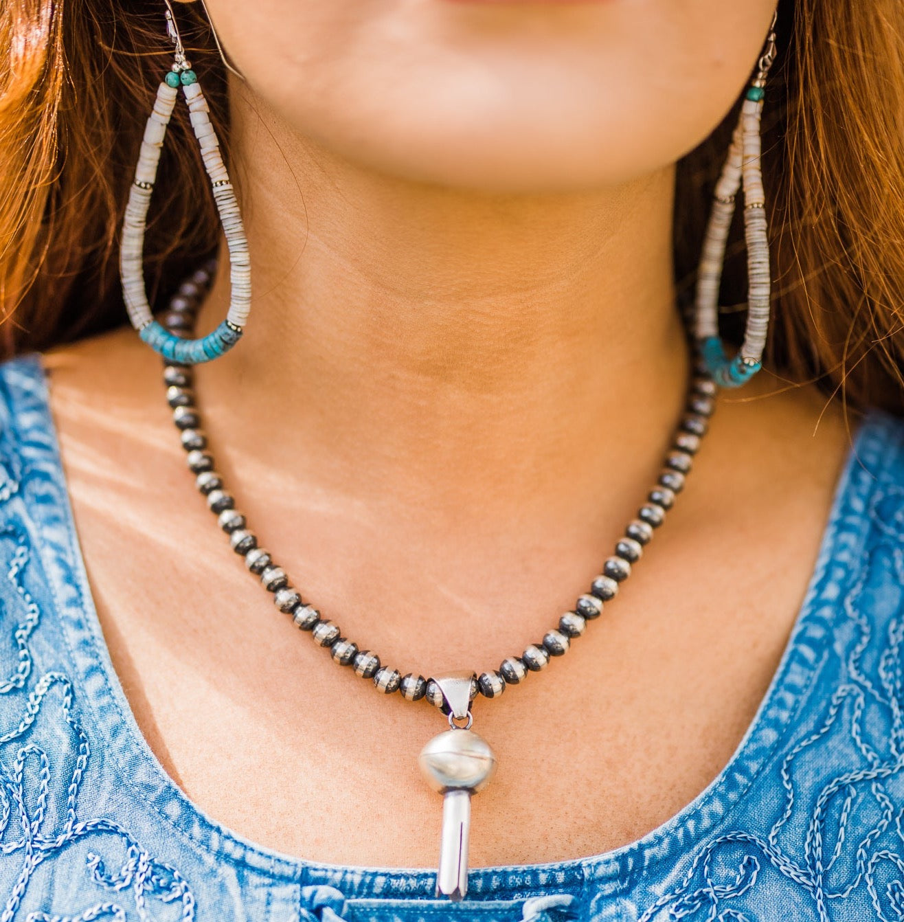 Earrings, Turquoise with Grey and White Shells Heishi Loops, 352F