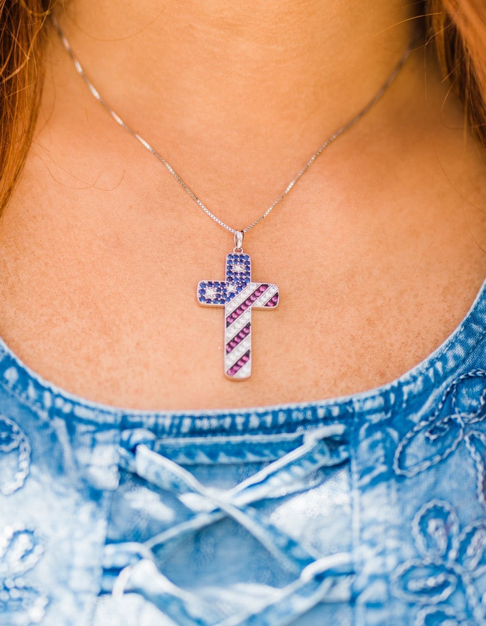 Necklace, American Flag Cross Pendant in Sterling Silver & CZ Stones