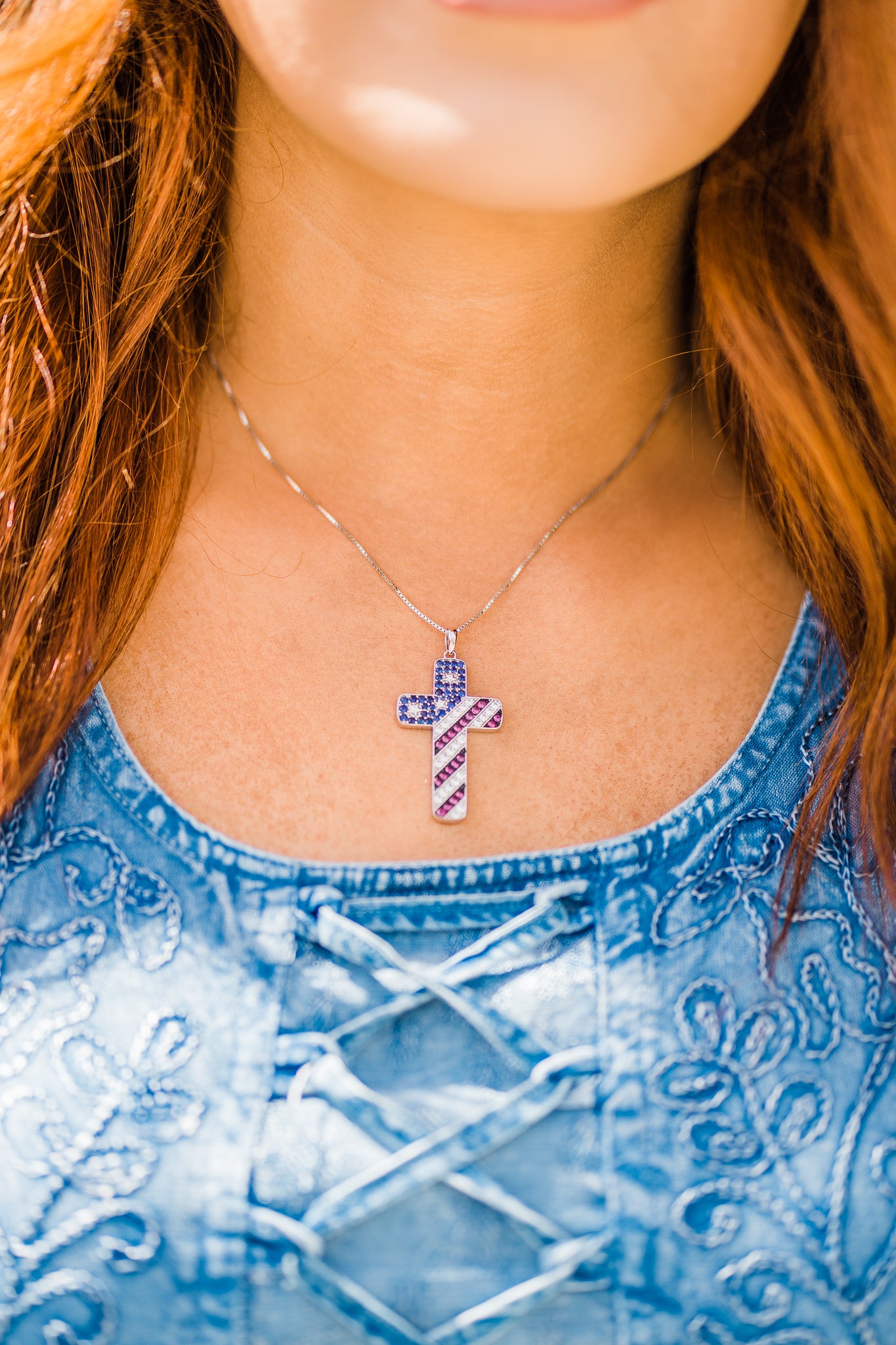 Necklace, American Flag Cross Pendant in Sterling Silver & CZ Stones
