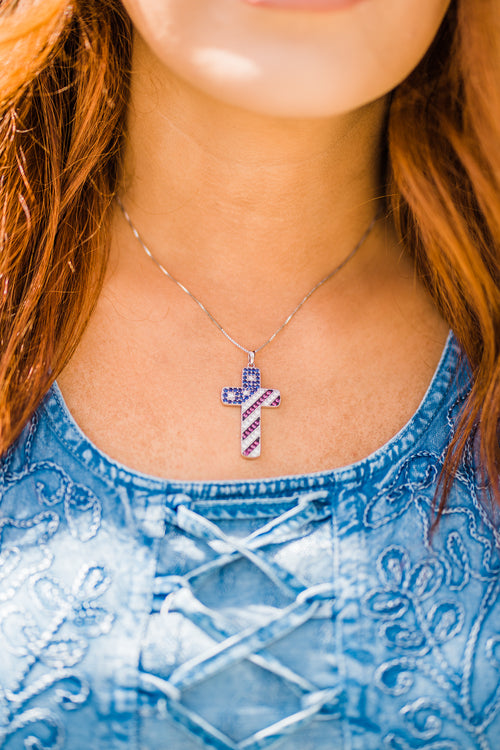 American Flag Cross Pendant Necklace in Sterling Silver & CZ Stones