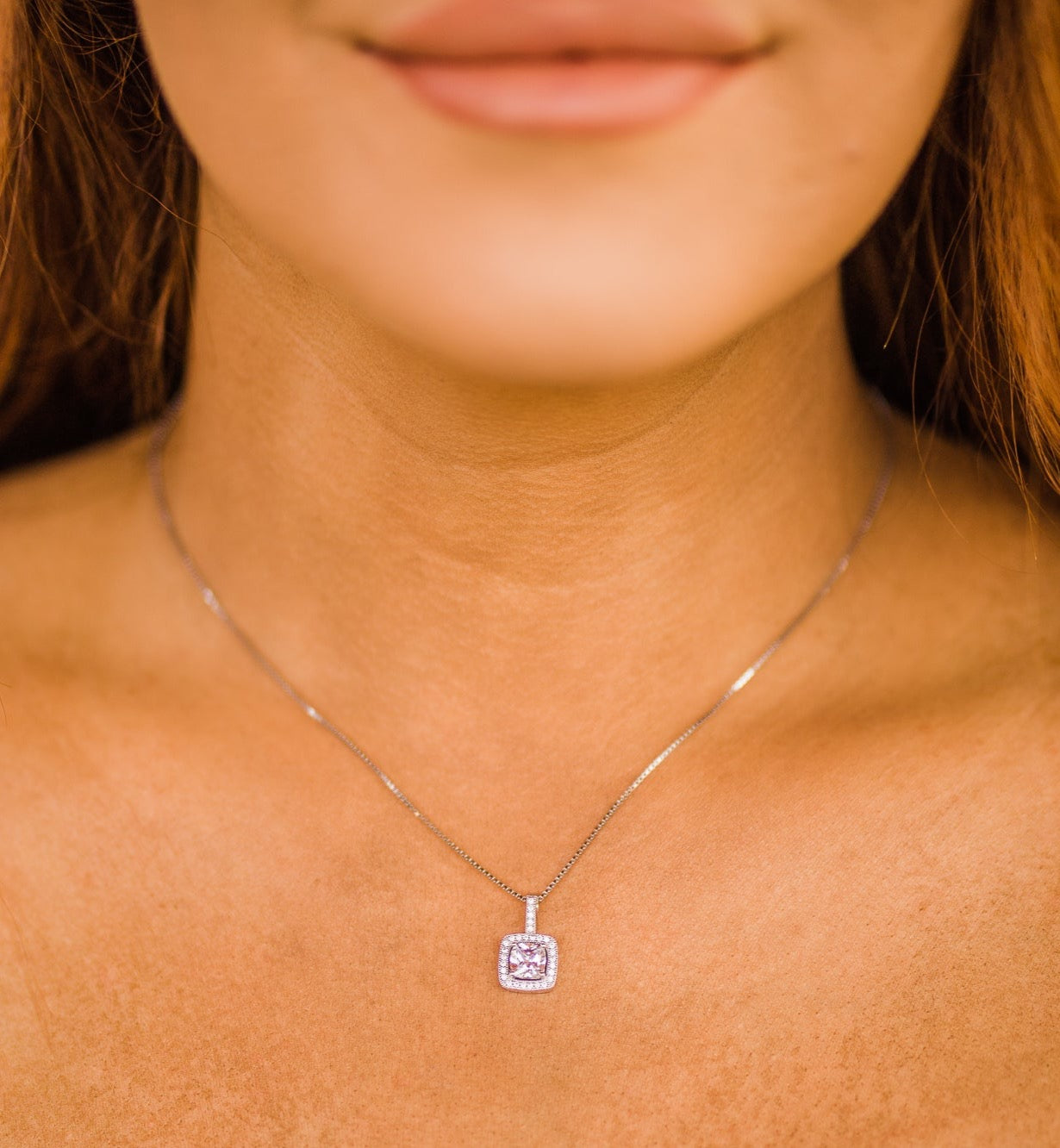 Necklace, Square Bezel Set Pavé Pendant in Sterling Silver