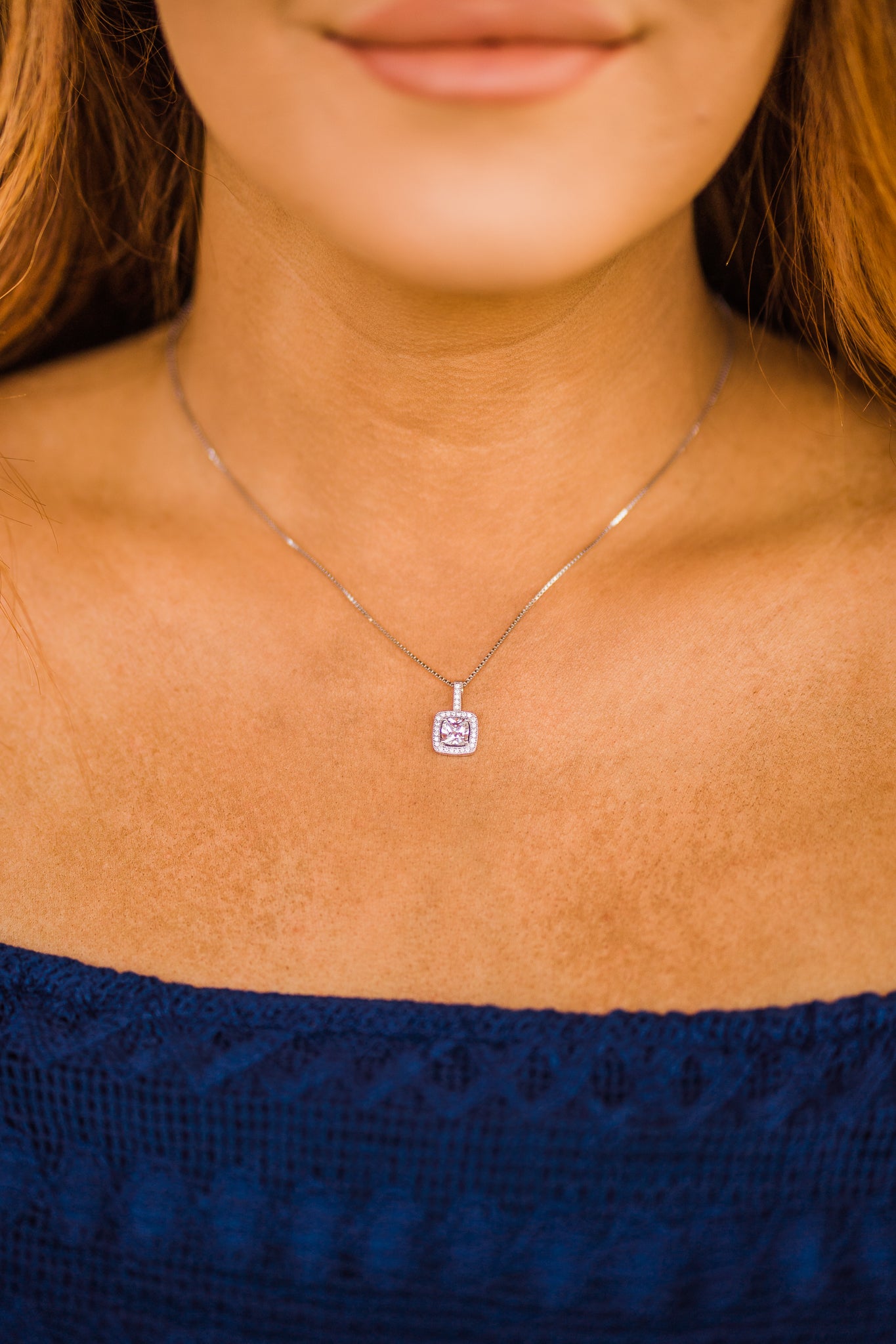 Necklace, Square Bezel Set Pavé Pendant in Sterling Silver