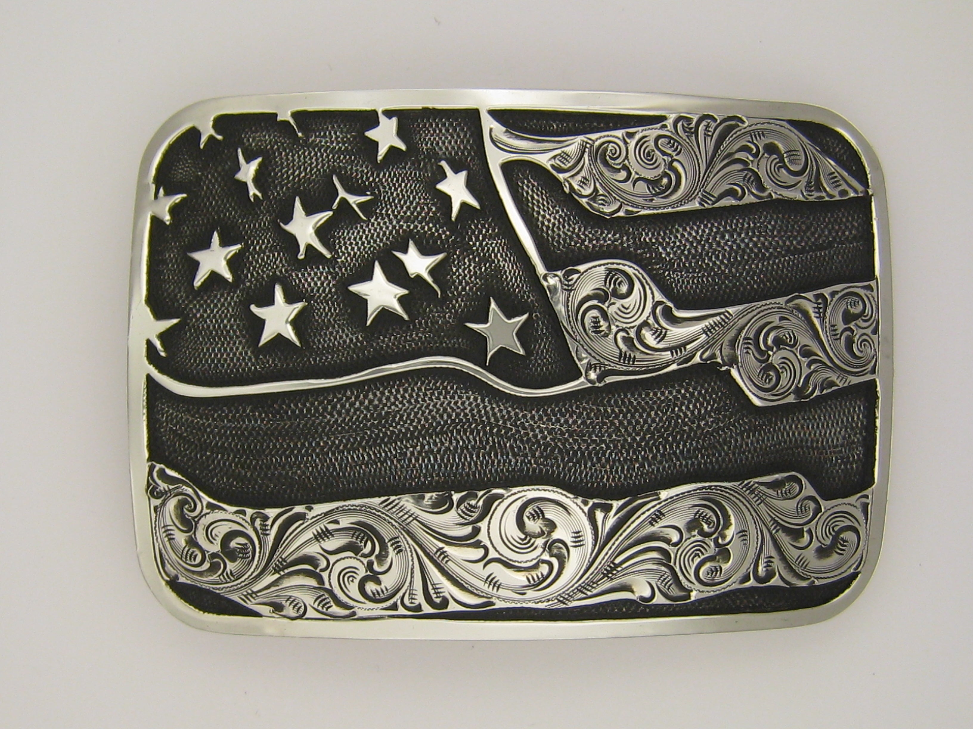 Buckle, Large American Flag "Old Glory", Hand Engraved Sterling Silver TB-J03
