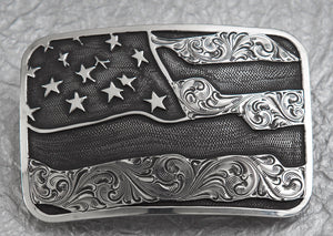 Buckle, Large American Flag "Old Glory", Hand Engraved Sterling Silver TB-J03