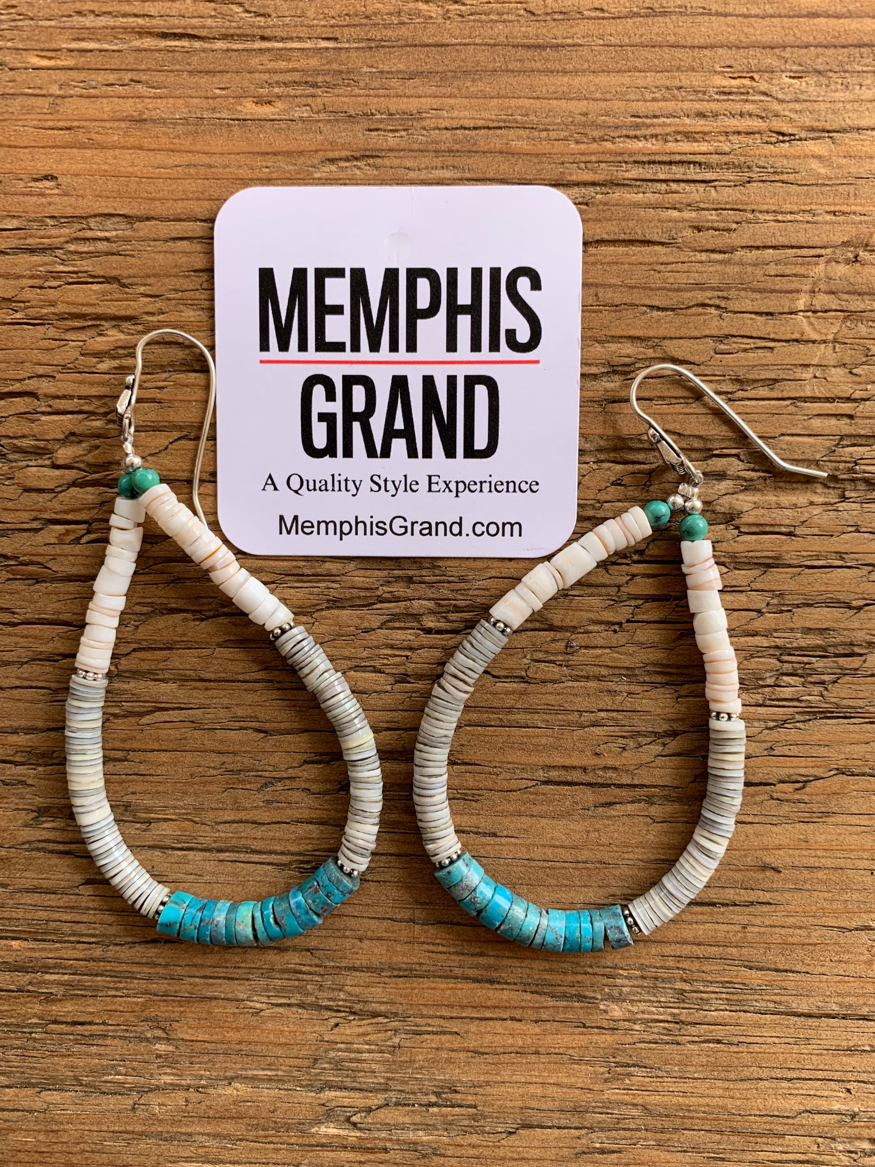 Earrings, Turquoise with Grey and White Shells Heishi Loops, 352F