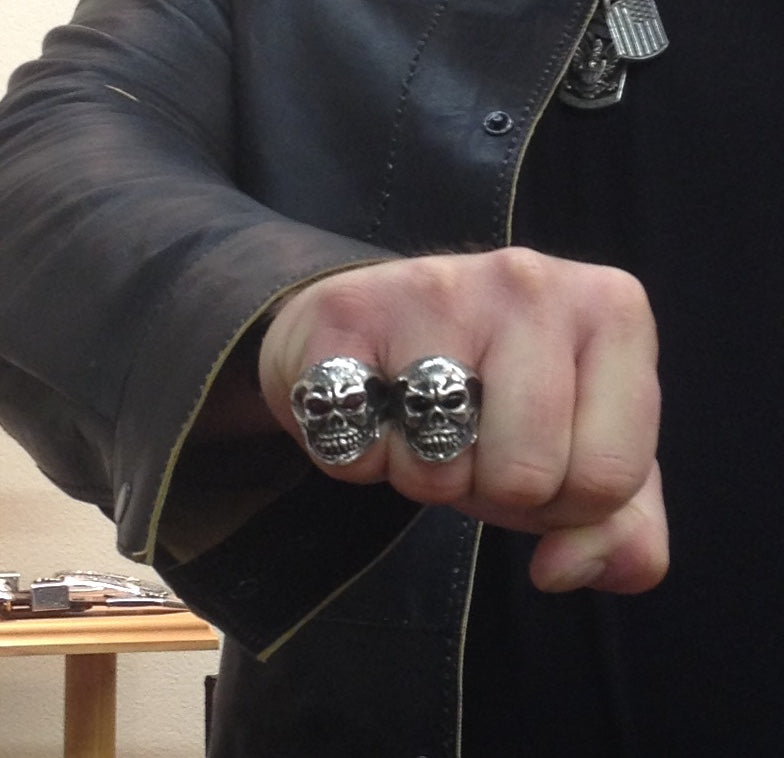 Ring, Skull with Ruby Eyes, Hand Crafted & Engraved Sterling Silver RF-67