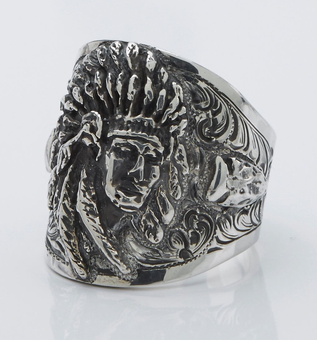 Ring, Indian Chief with Arrowhead Accents, Hand Crafted Sterling Silver RF-35