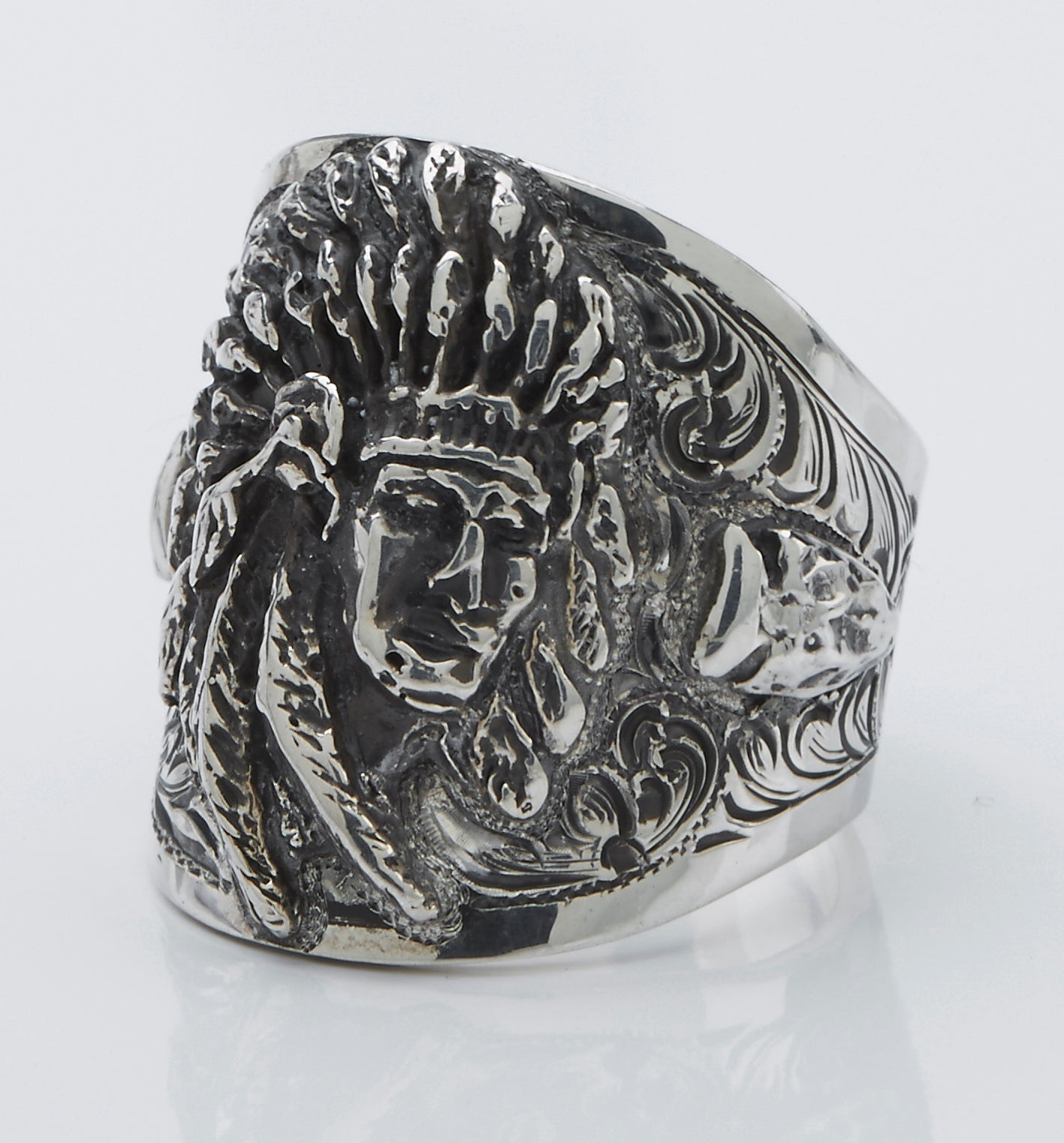 Ring, Indian Chief with Arrowhead Accents, Hand Crafted Sterling Silver RF-35