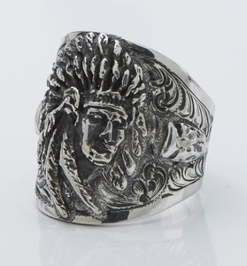 Ring, Indian Chief with Arrowhead Accents, Hand Crafted Sterling Silver RF-35