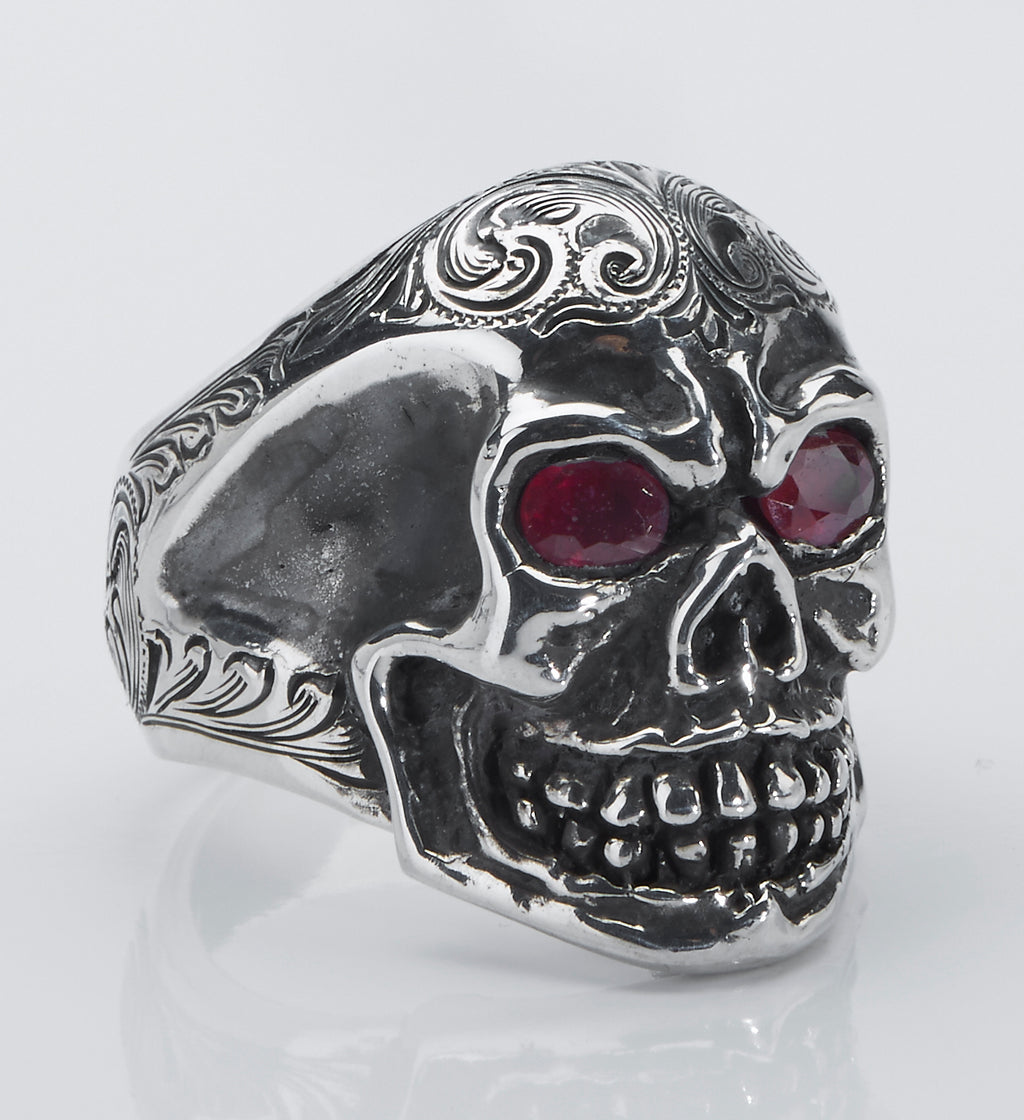 Ring, Skull with Ruby Eyes, Hand Crafted & Engraved Sterling Silver RF-67