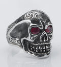 Skull with Ruby Eyes Ring — Hand Crafted & Engraved in Sterling Silver