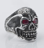Ring, Skull with Ruby Eyes, Hand Crafted & Engraved Sterling Silver RF-67