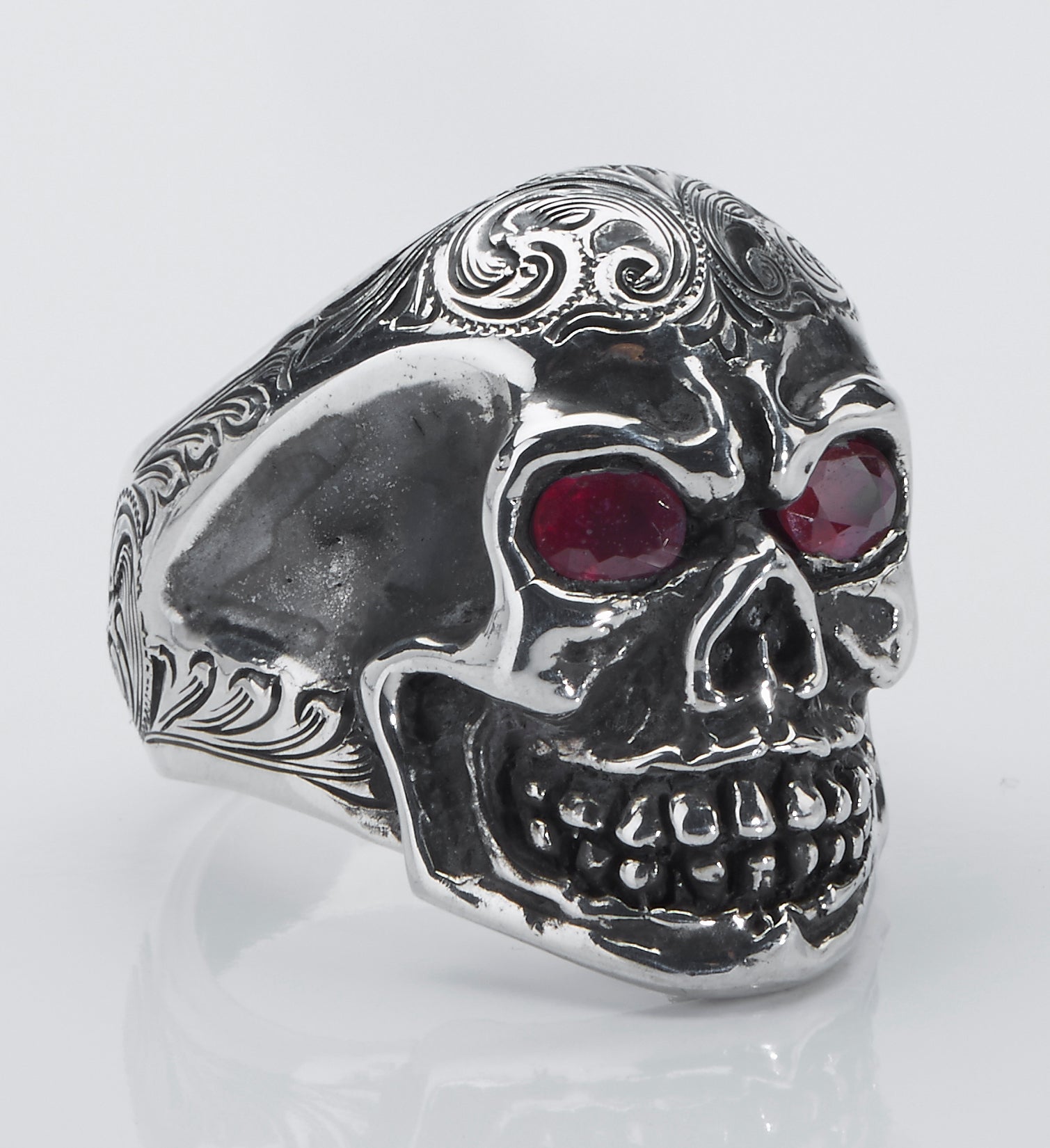 Ring, Skull with Ruby Eyes, Hand Crafted & Engraved Sterling Silver RF-67