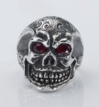Ring, Skull with Ruby Eyes, Hand Crafted & Engraved Sterling Silver RF-67