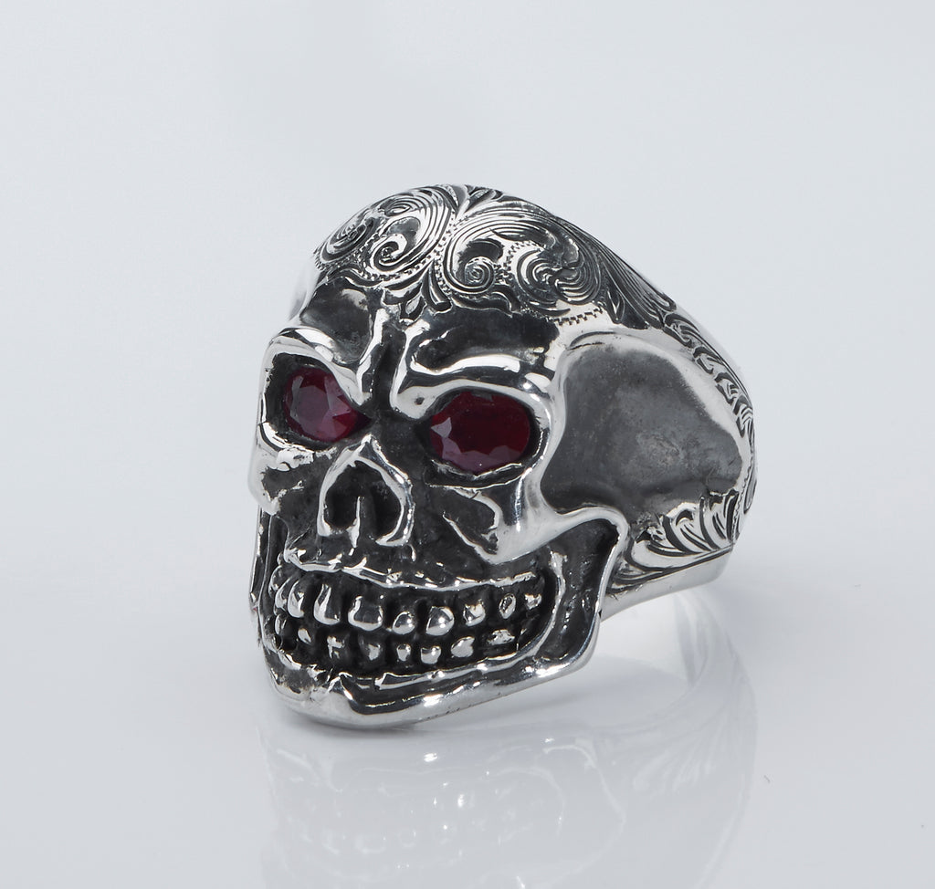 Ring, Skull with Ruby Eyes, Hand Crafted & Engraved Sterling Silver RF-67