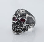 Ring, Skull with Ruby Eyes, Hand Crafted & Engraved Sterling Silver RF-67
