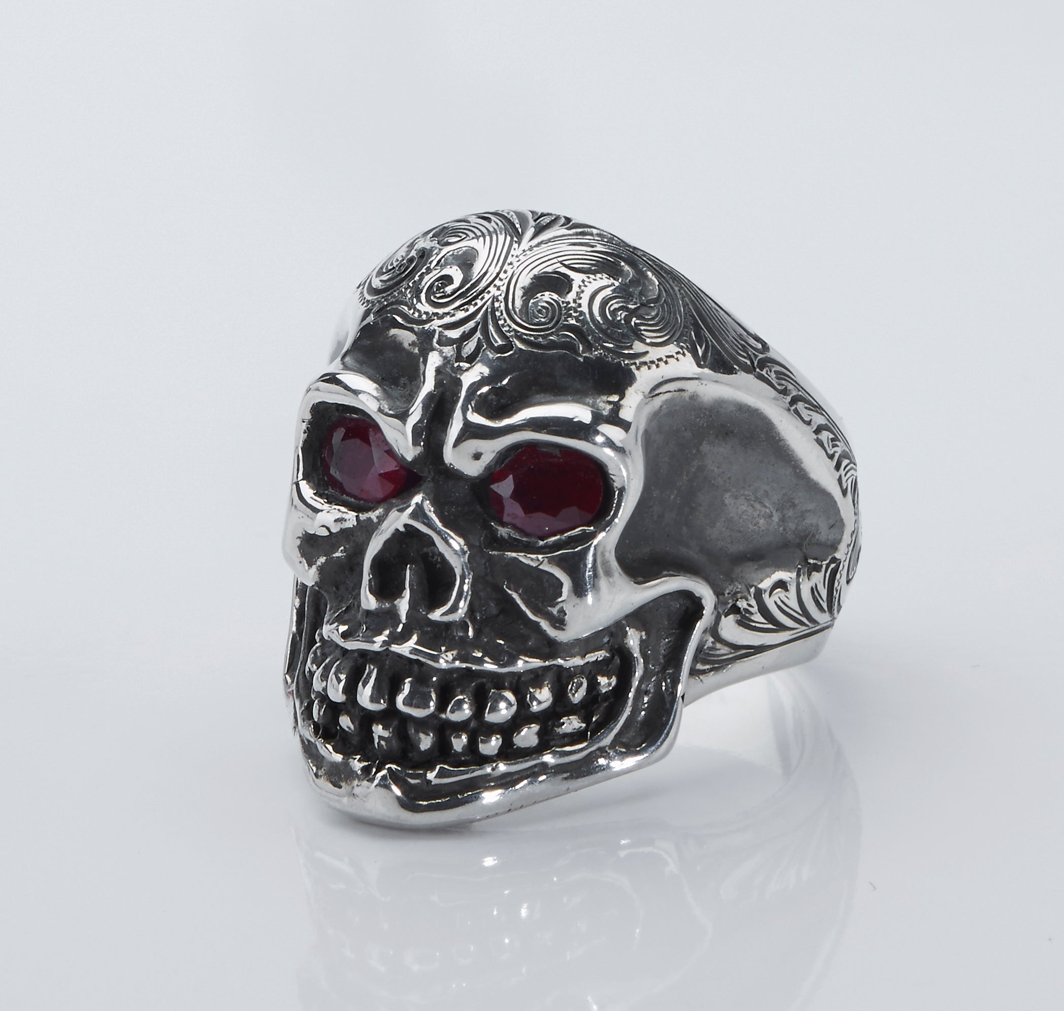 Ring, Skull with Ruby Eyes, Hand Crafted & Engraved Sterling Silver RF-67