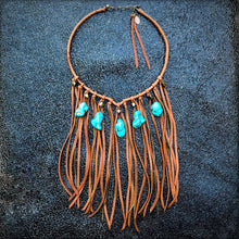 Necklace, Collar with Rust Deerskin Fringe & Turquoise Stones
