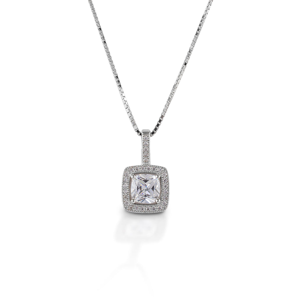 Necklace, Square Bezel Set Pavé Pendant in Sterling Silver