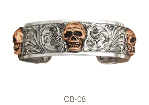 Cuff, Sterling Silver with Copper Skulls, Hand Engraved CB-08