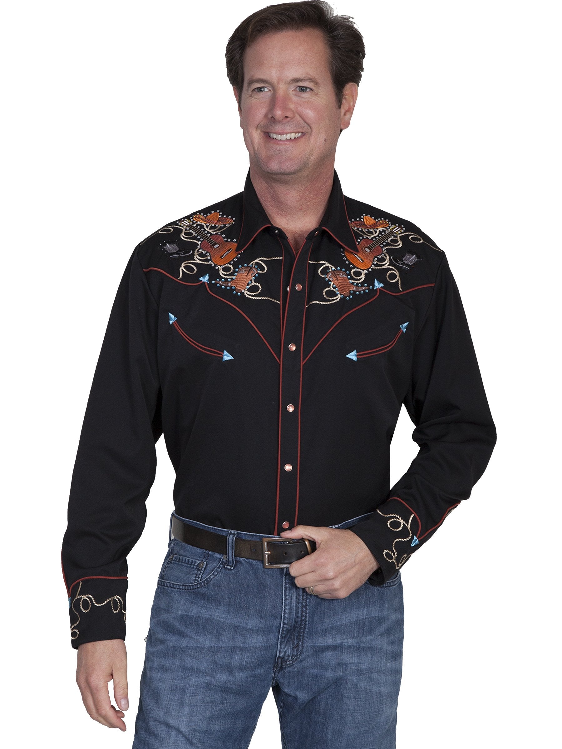 Scully-Western-Men's-Shirt-with-Guitars-Boots-Hats-P842