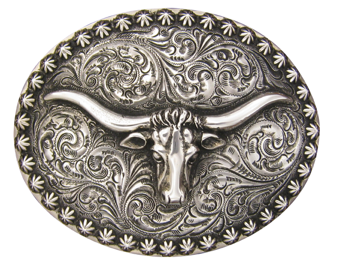 Buckle, Longhorn with Berry Edge, Hand Engraved Sterling Silver TB-D01