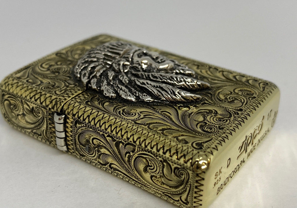 Silver-King-Zippo-Brass-Armor-Lighter-Fully-Engraved-with-Sterling-Silver-Chief-Made-in-USA