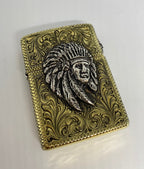 Silver-King-Zippo-Brass-Armor-Lighter-Fully-Engraved-with-Sterling-Silver-Chief-Made-in-USA